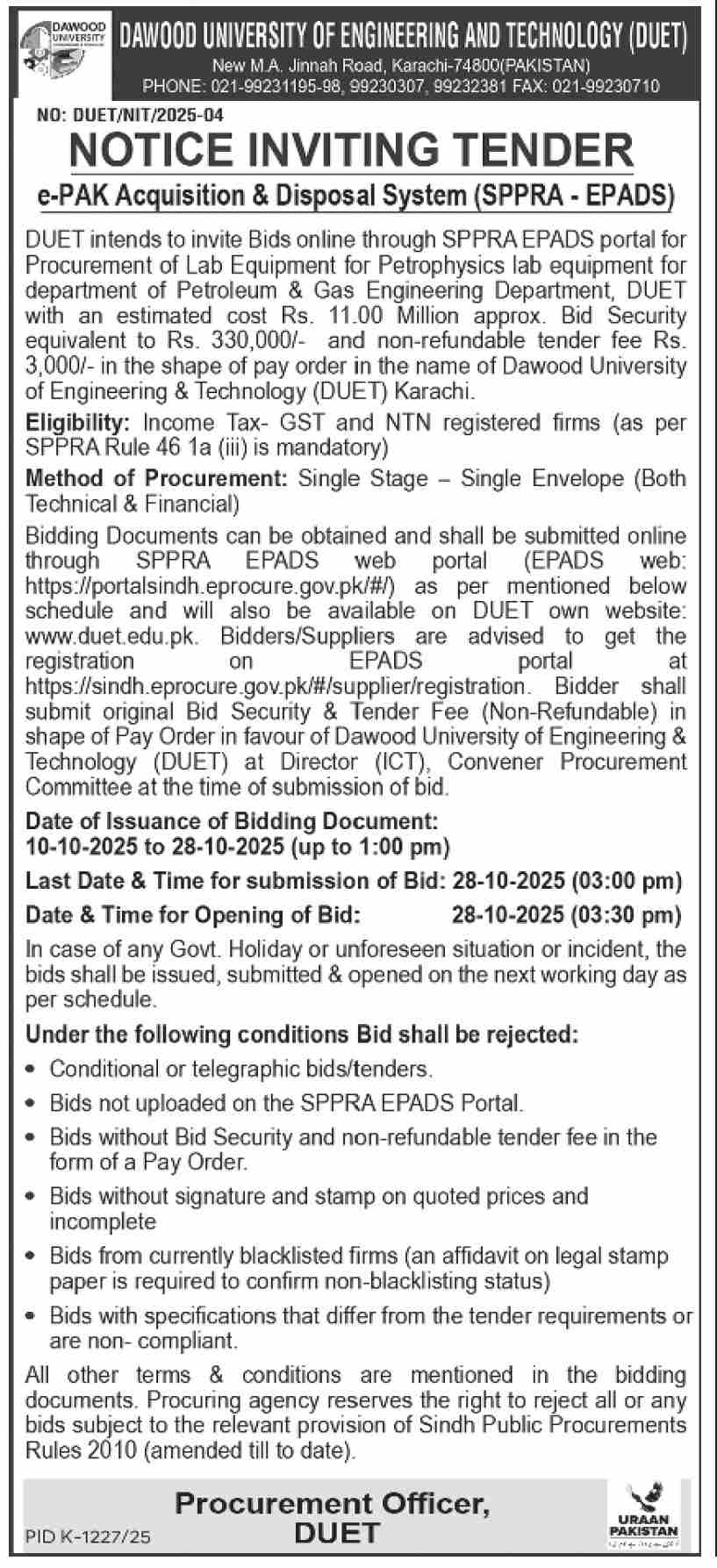 Dawood University of Engineering & Technology Karachi Tender Notice